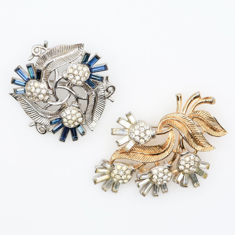 Vintage Alfred Philippe Trifari Radiance Rhinestone Thistle Flower Brooches 1950